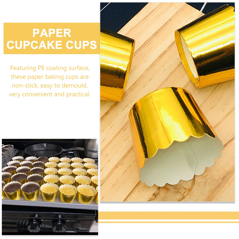 

100pcs Golden Paper Baking Cups Disposable Cake Cupcake Tools PE Coated Non Stick Muffin Pudding Liners Kitchen Supplies