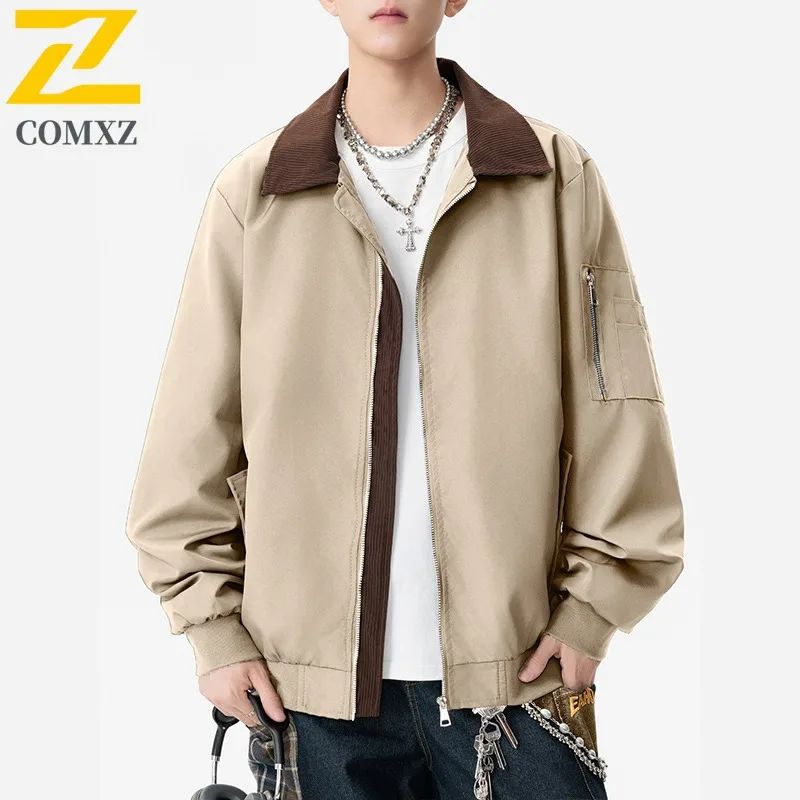 

COMXZ Men Stand Collar Jacket Corduroy Teenager Hong Kong Style Fashion Workwear Casual Outerwear Lightweight Streetwear Coat