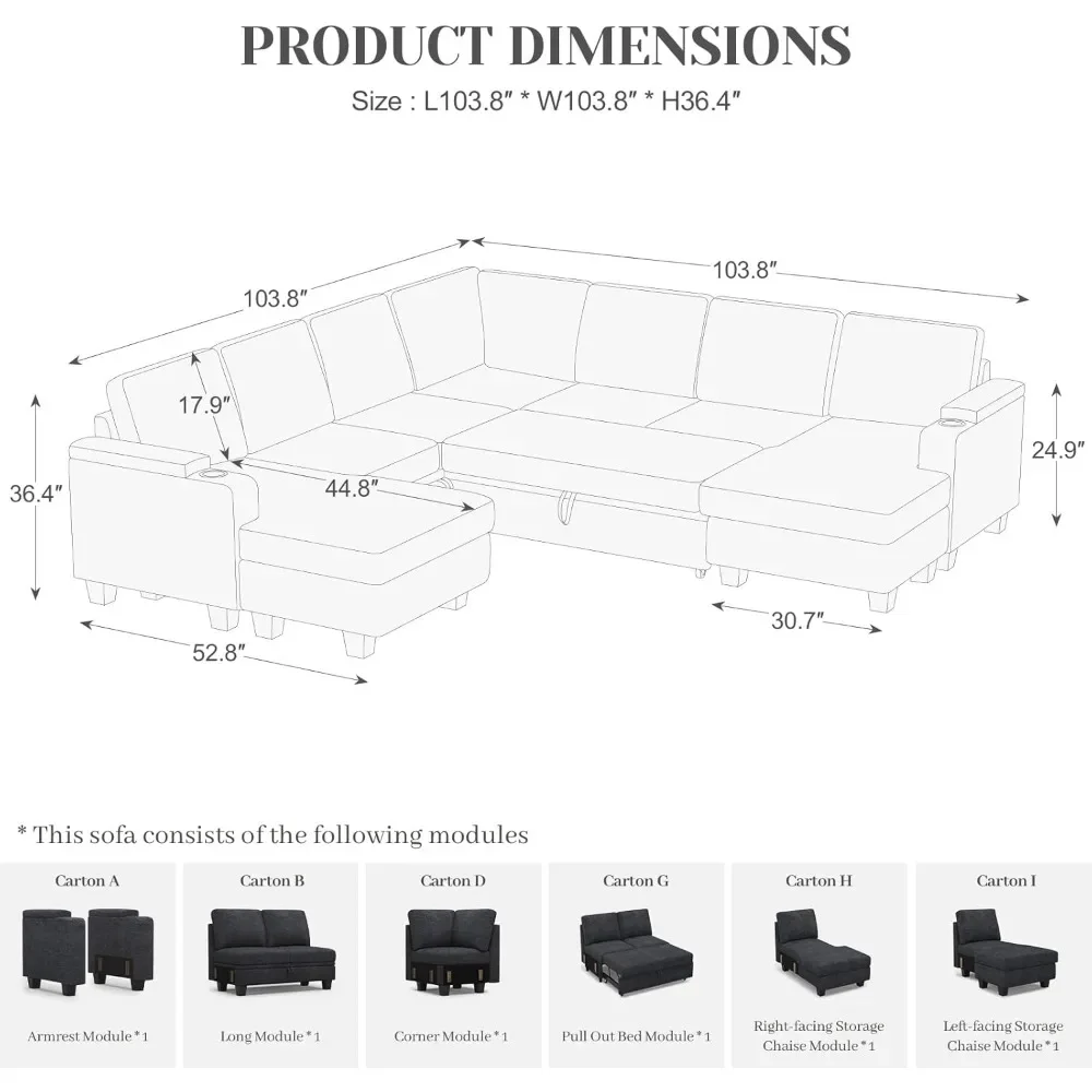 Modular Sectional Sofa， with Pull Out Couch Bed Sectional Couch Convertible Sleeper Sofa with Cup Holder，Style Modern