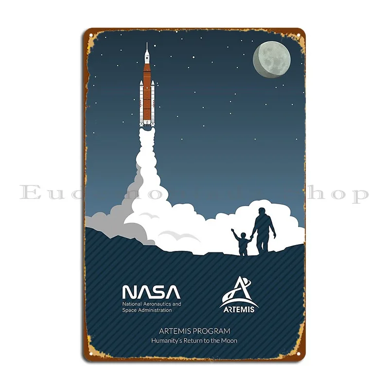 Father And Son Watching Rocket Launch Artemis Program Metal Sign Wall Plaque Kitchen Kitchen Customized Tin Sign Poster