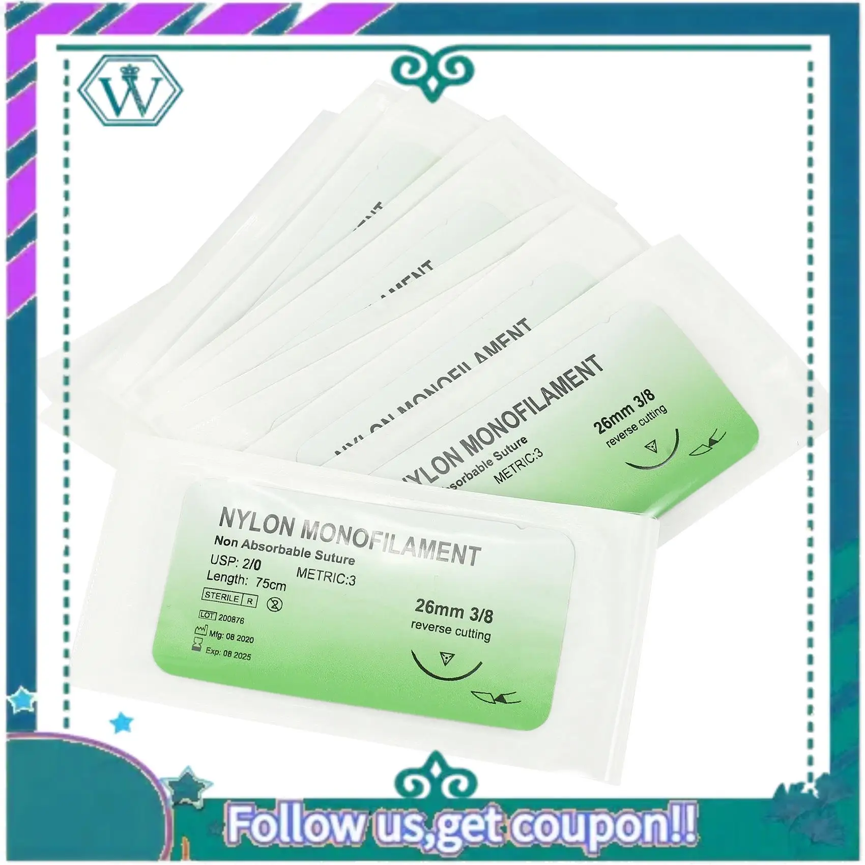 A75Q-24 Pcs Needle Suture Nylon Monofilament Thread Suture Practice Kit 2/0