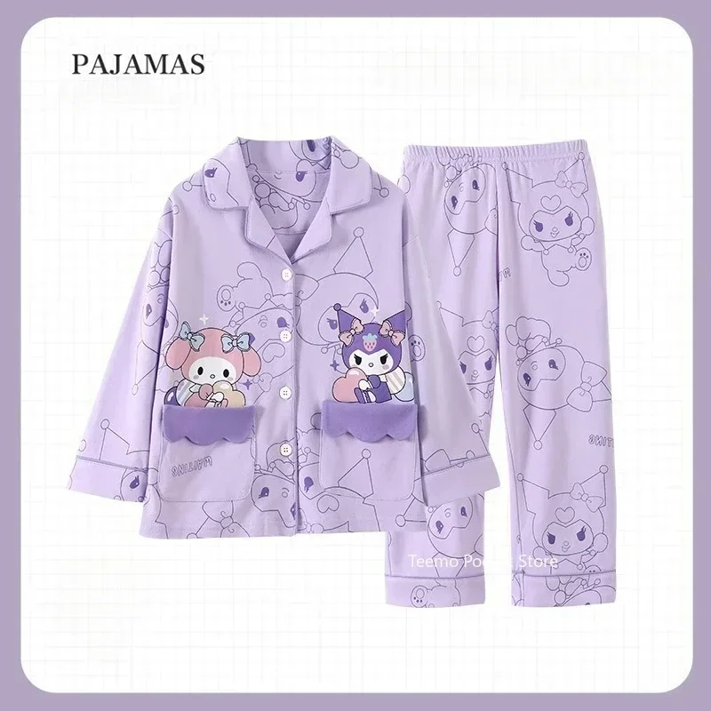 Sanrio My Melody Long Sleeved Pajamas Set Cartoon Anime Character Kuromi Pattern Student Kawaii Lapel Home Dormitory Clothes