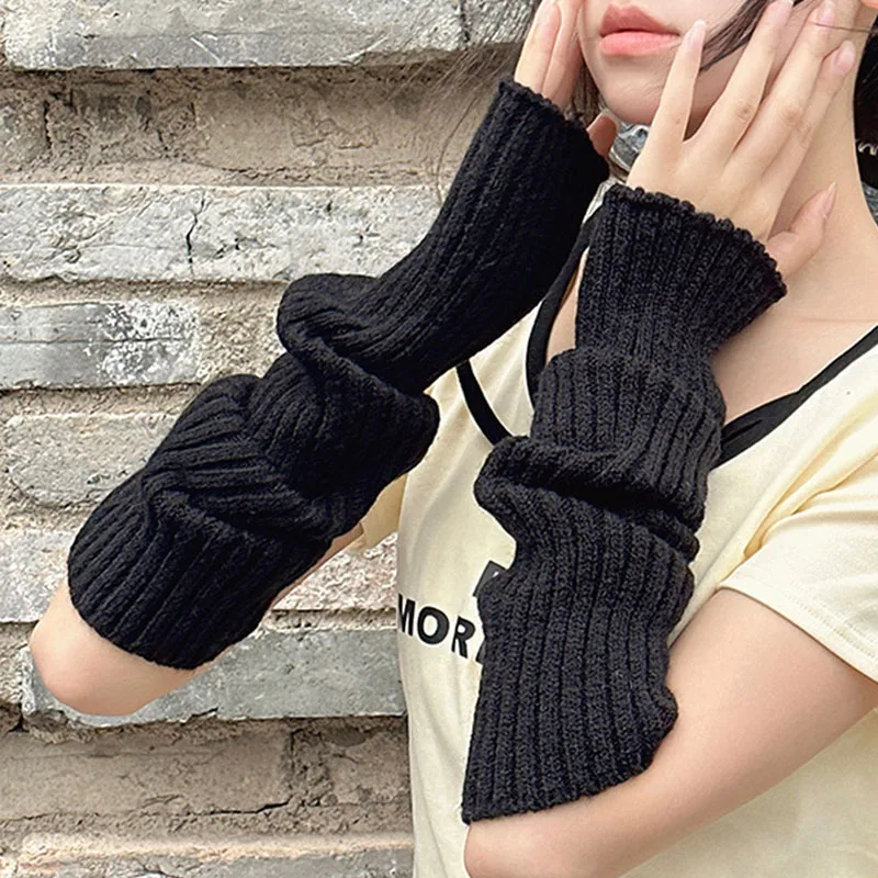 For Women Winter Arm Sleeves Thicken Warm Knitted Arm Warmers Solid Color Long Sleeve Half-finger Glove Gothic Fingerless Mitten