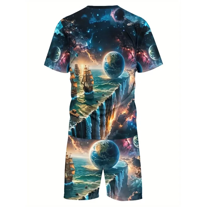 2025 Summer 3D Digital Printing Creative Casual Round Neck Short Sleeved Shorts Set Fashionable New Trend Retro Men's T-shirt
