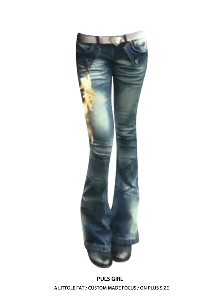 

Low Waist Bell Bottom Denim Jeans Women's Slim Fit Totem Embroidery Washed American Retro Hot Girl plus Size Casual Pants