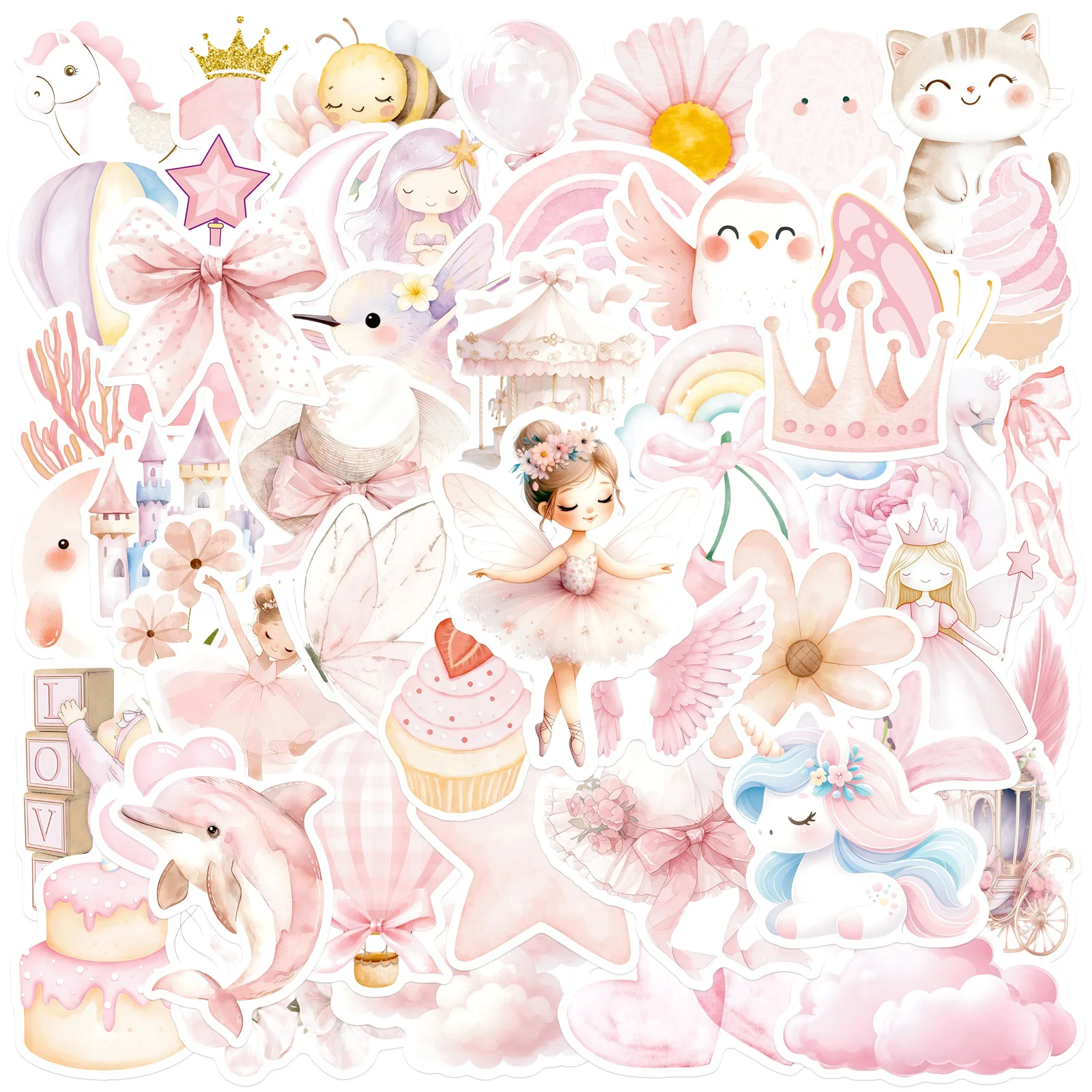50 Stück Rosa Aquarell-Prinzessinnen Graffiti-Aufkleber Dekoration für Gepäck, Handy, Gitarre, Scrapbook Wasserfeste Aufkleber Klassisches Kinderspielzeug