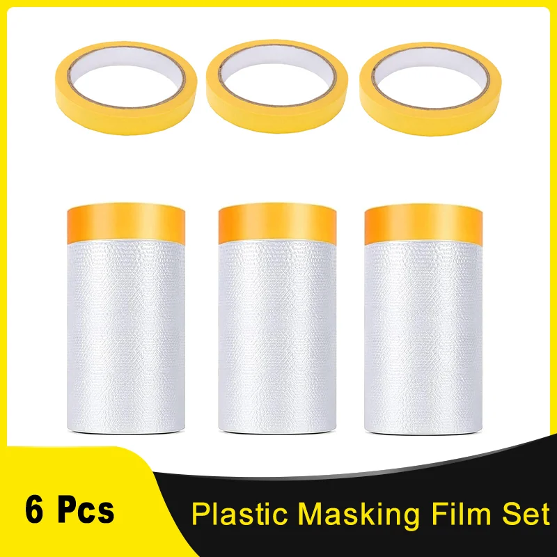 Generic Painters Masking Tape Plastic Masking Film Set - Easy-Tear No Residue Adhesive Tape Covering Film for Painting Home
