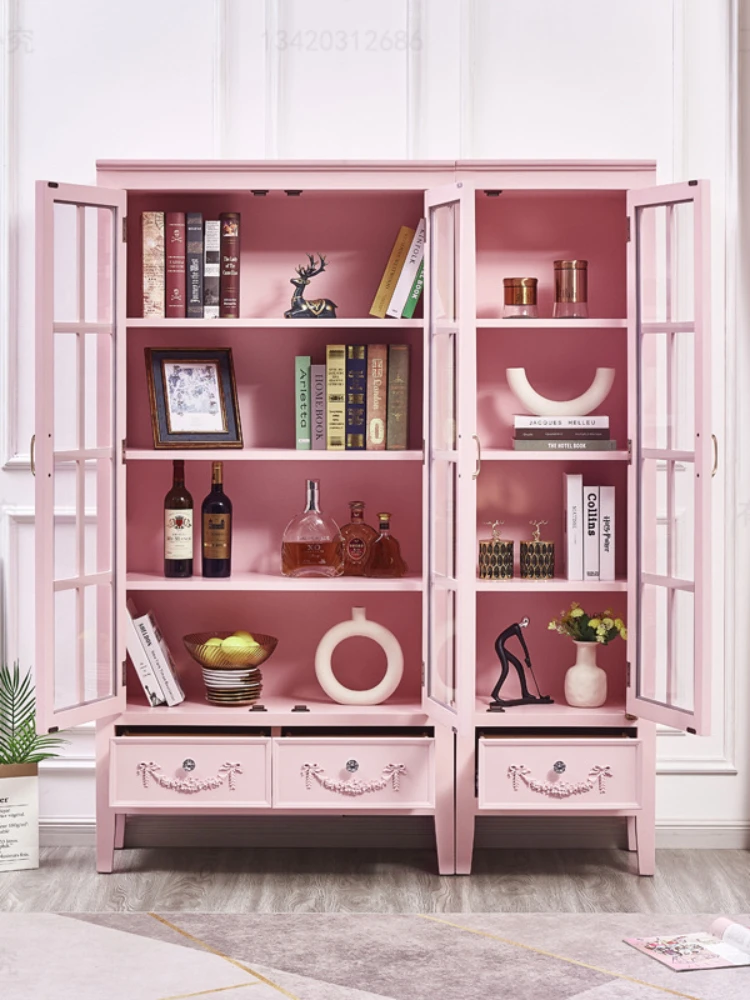 Glass Door Floor-Standing Rack Bookshelf Pink Wine Cabinet Solid Wood Display High Cabinet