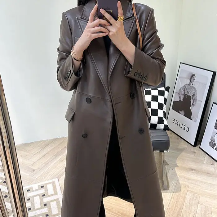 2023 Genuine Leather Coat Autumn and Winter New Sheepskin Suit Collar Front Shoulder Double Breasted Long Slim Trench Coat for w