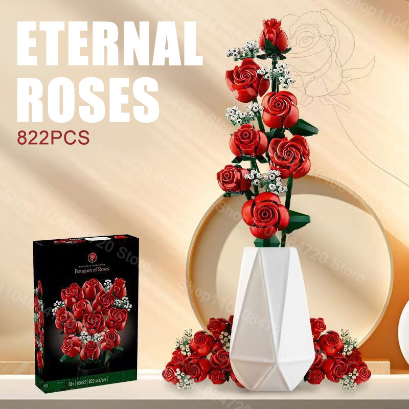  Romantic Rose Flower Bouquet Building Blocks Creative Home Desk Plant Decoration Assemble Bricks Toy For Gifts Girls Lady 822PCS 