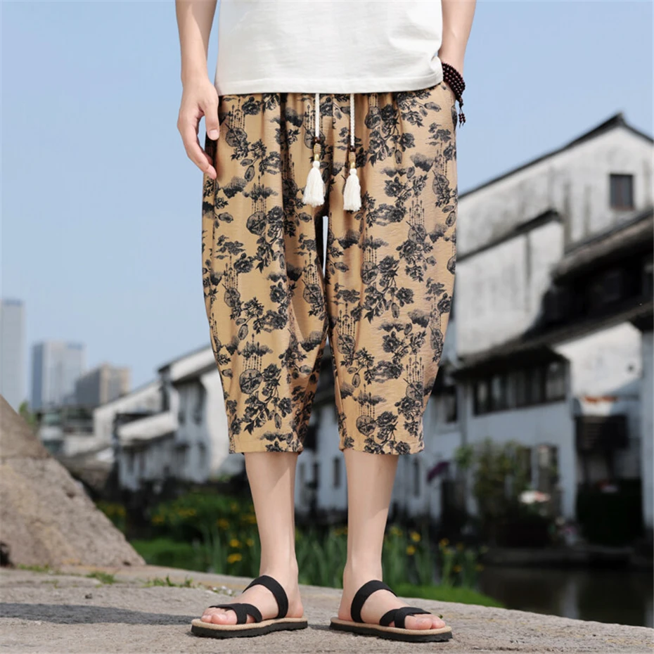 Large Size Pencil Pant Mens Summer Thin Cotton Linen Casual Trousers Men Harajuku Chinese Style Baggy Calf Length Pants Male