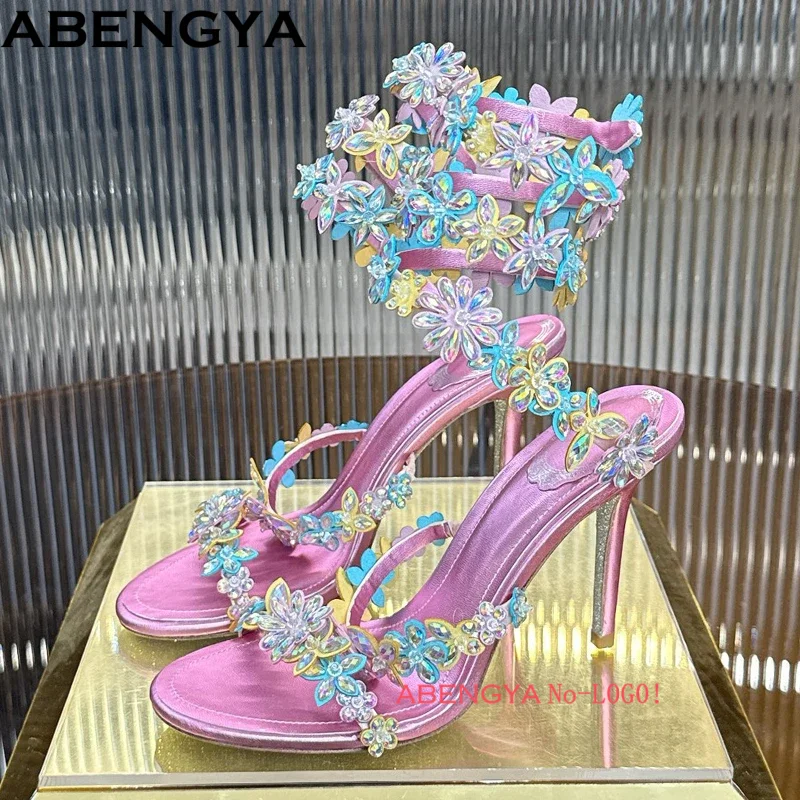 Summer High Heels Sandals Women Rhinestone Pendant Ankle Wrap Around Strap Party Prom Shoes Bohemian Style Heeled Sandals Woman