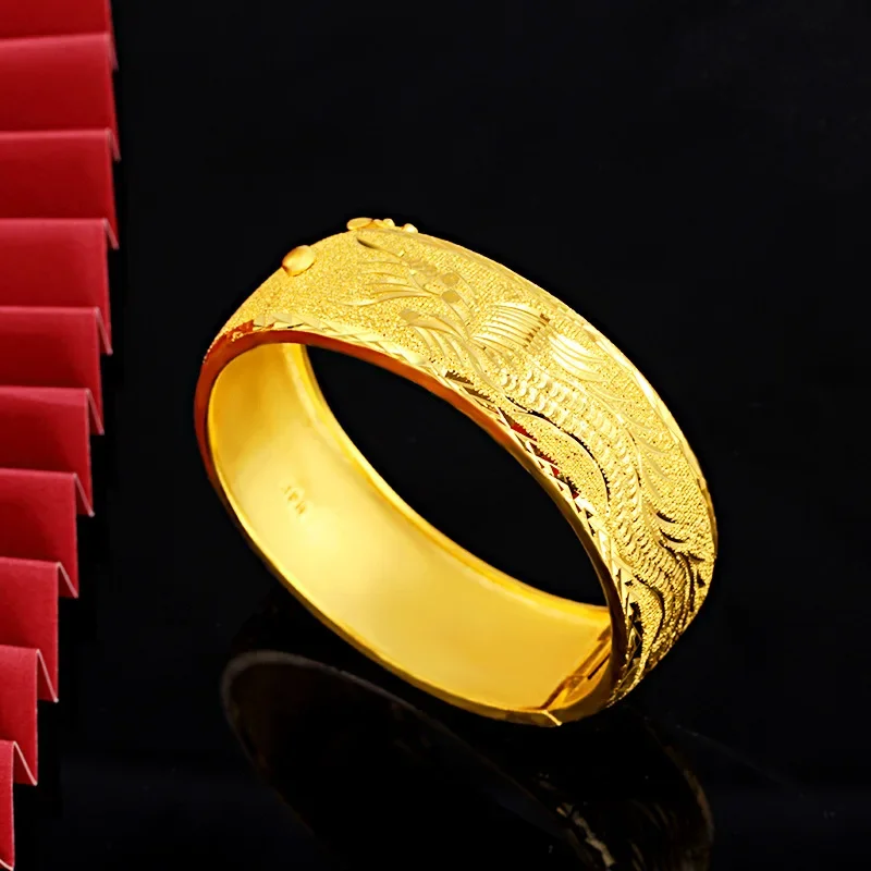 Luxury 14 K Yellow Gold Color Bracelet Bangle for Women 20mm Wide Dragon Phoenix Bracelet Bridal Wedding Engagment Fine Jewelry