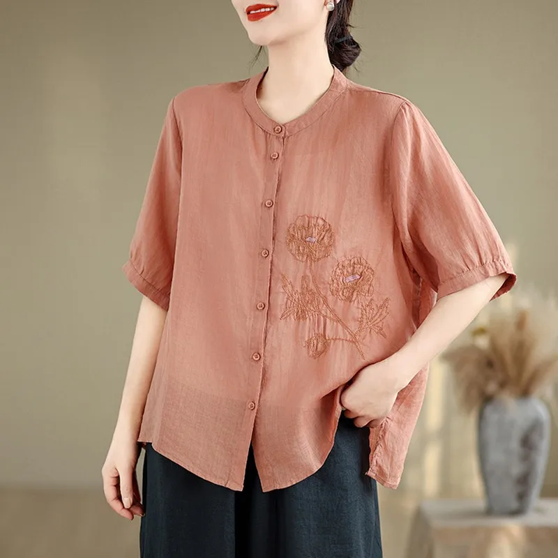 Women Casual Shirt New Arrival 2024 Summer Chinese Style Vintage Floral Embroidery Loose Female Half Sleeve Tops Shirts B3836