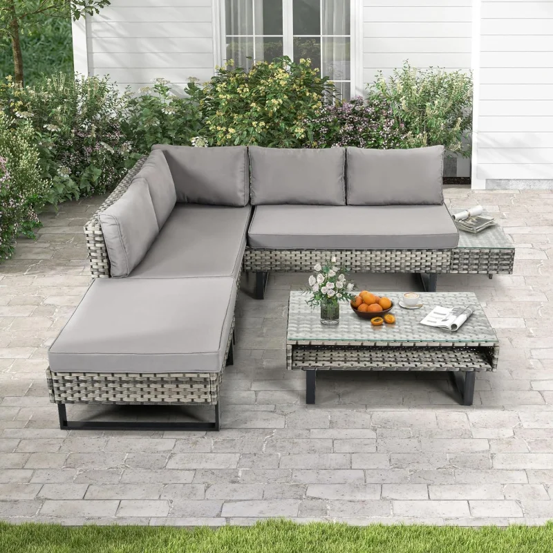 

mDWVO Furniture,Sectional L-Shaped Sofa,for Patio Backyard Poolside Porch,Wicker Conversation Set with Coffee Table &Cushion