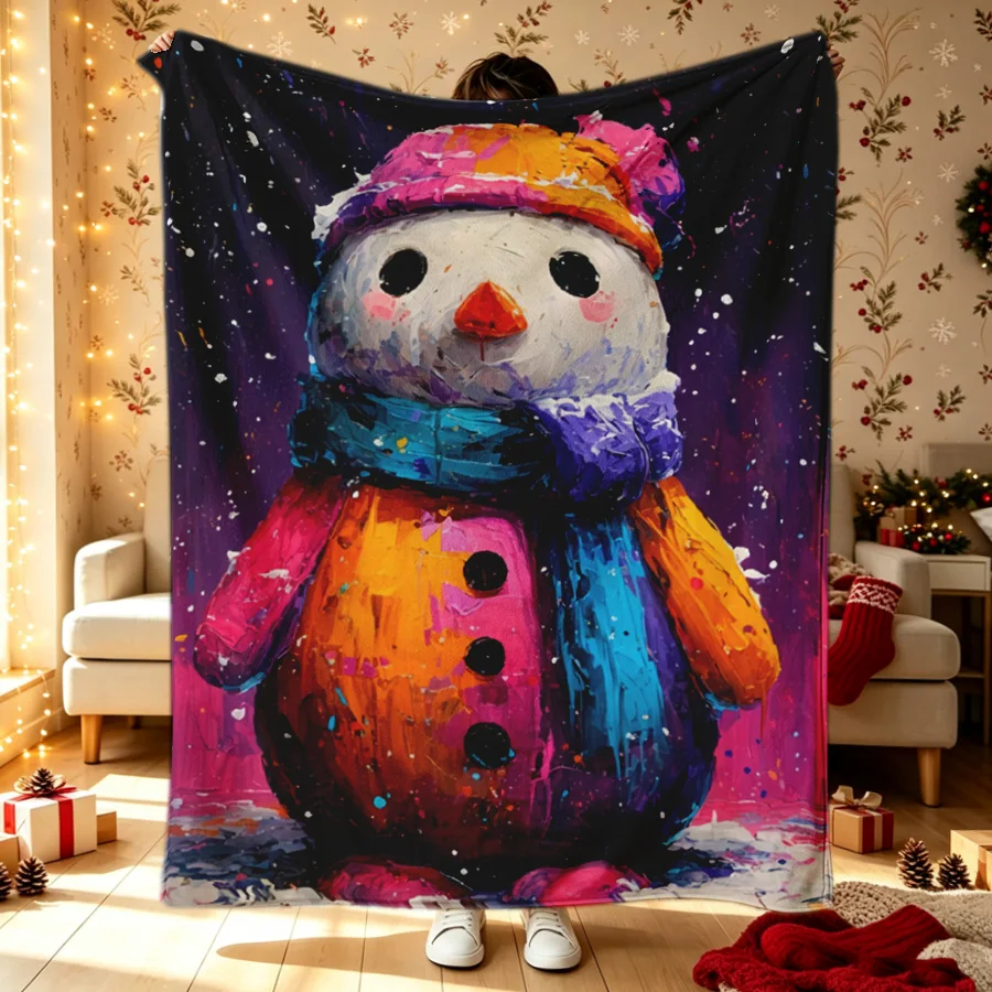 Christmas Colorful Thick Oil Painting Wind Art Snowman Printed Flannel Throw Blanket, Distinctive 2D Single-Sided Printed Decor