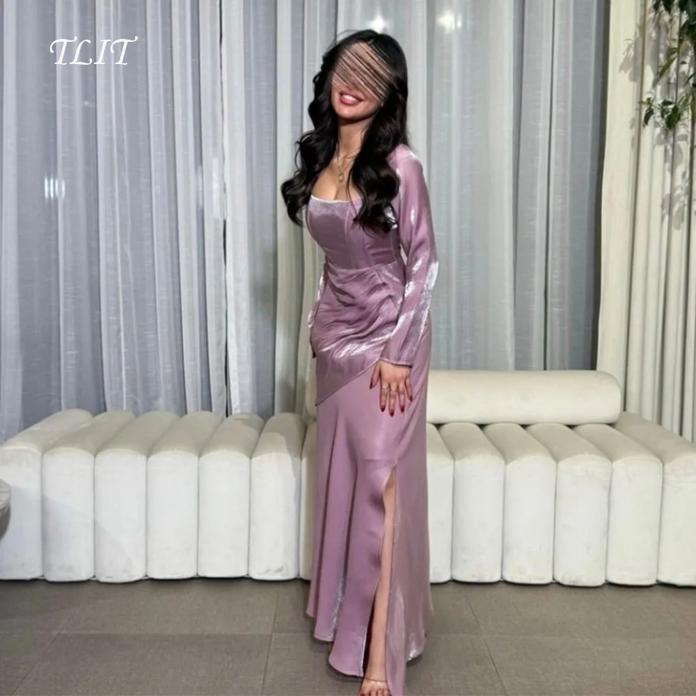 

TLIT Sparkly Pink Silk-Like A-Line Evening Dresses Regular Long Sleeves High Split Sweetheart Prom Gowns Customized فساتين