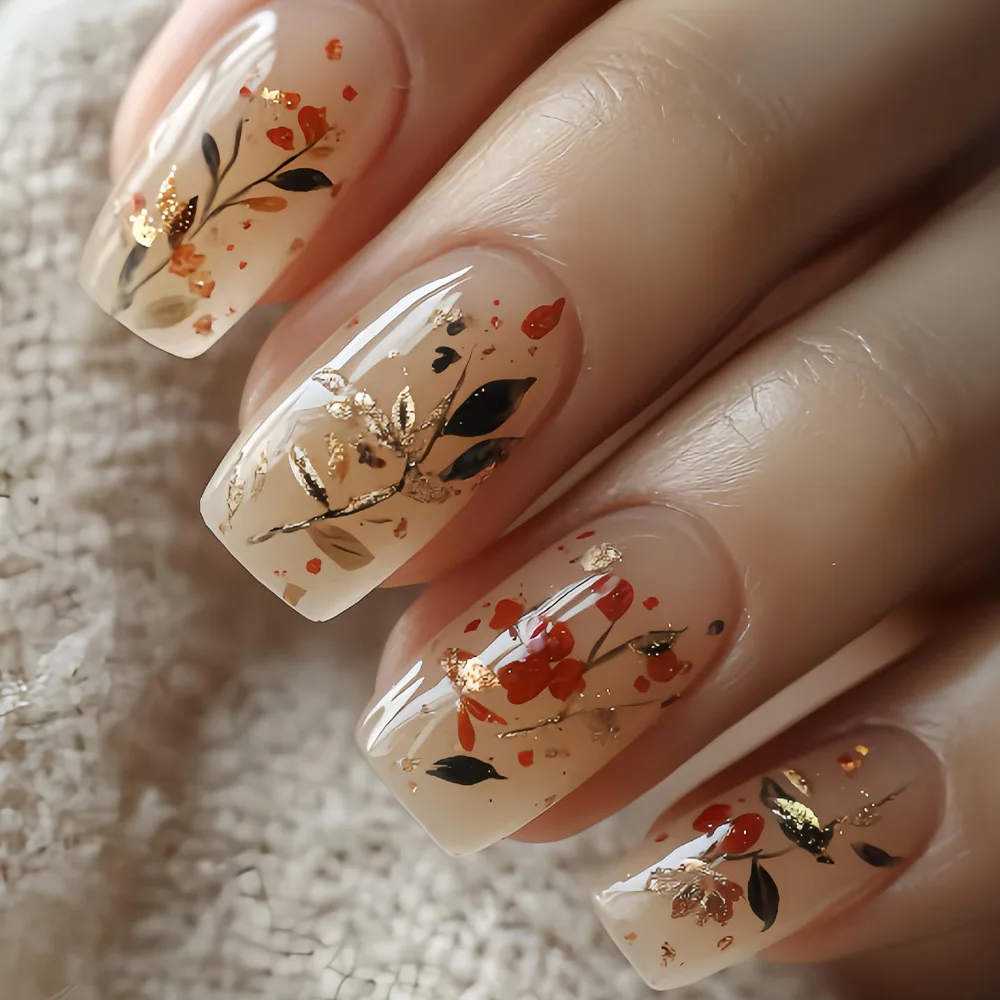 24 個付け爪グリッターグリーンフィールドパターンショートフレンチスクエアプレス爪シンプルなパッチ人工ウェアラブル偽爪