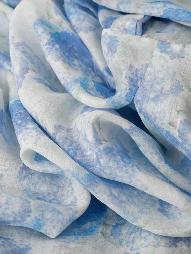 Ele Blauw Katoen Linnen Print Dr Dames Zomerontwerp Afslankende Taille Reizen Lange Rok A-lijn Midi Dr Enkele knop