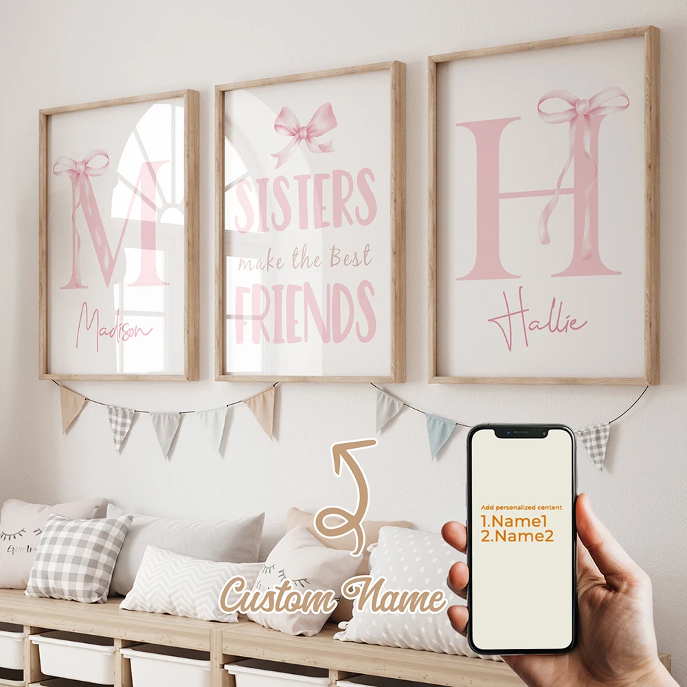 3-teiliges Personalisiertes Benutzerdefiniertes Namens-Cartoon Rosa Schleife Wandkunst Druck Bild Leinwand Poster Gemälde Wohnzimmer Heim-Dekoration