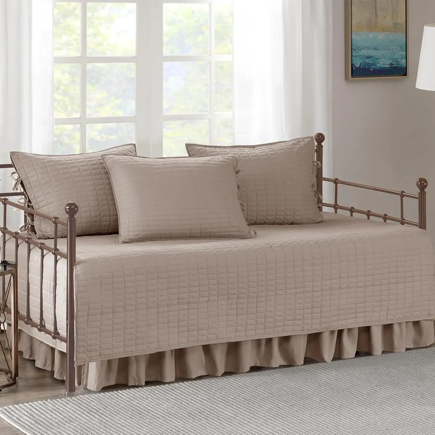 

Luxe Double-Sided Quilted Daybed Cover Set, All-Season Cozy Bedding with Skirt and Shams, Taupe 75x39 Inch 5-Piece