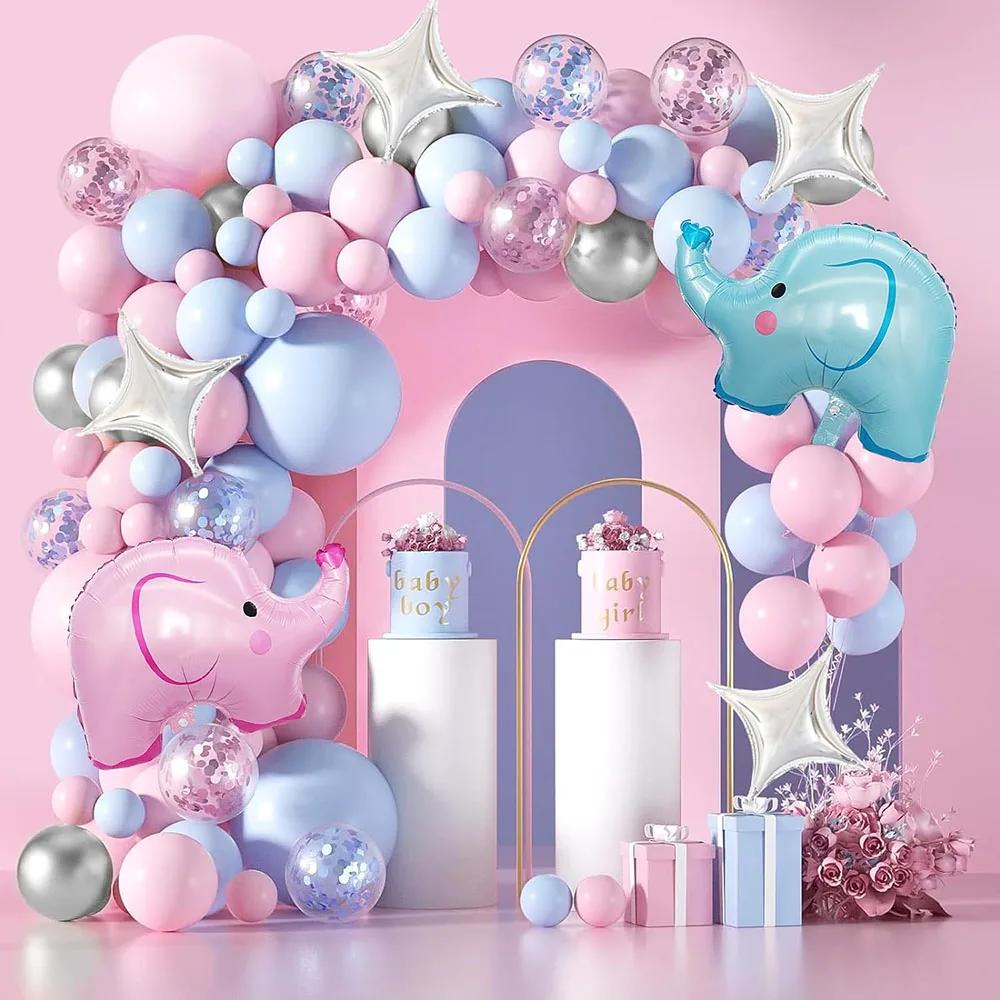 130pcs Elephant Gender Revealed Balloon Arched Blue Pink Confetti Aluminum Foil Elephant Balloon Baby Shower Decoration Suitable for Boys or Girls Gender Revealed Birthday Party