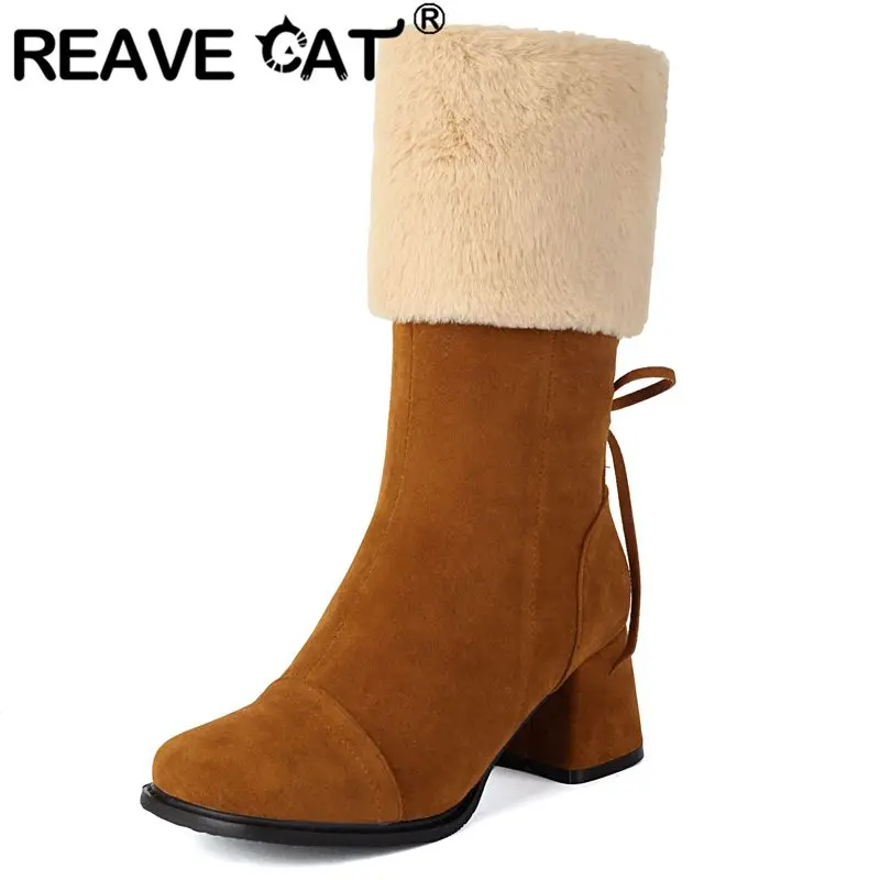 

REAVE CAT Women Fashion Boots Square Toe Block Heels 6cm Zipper Lace Up Big Size 41 42 43 Flock Suede Winter Bota