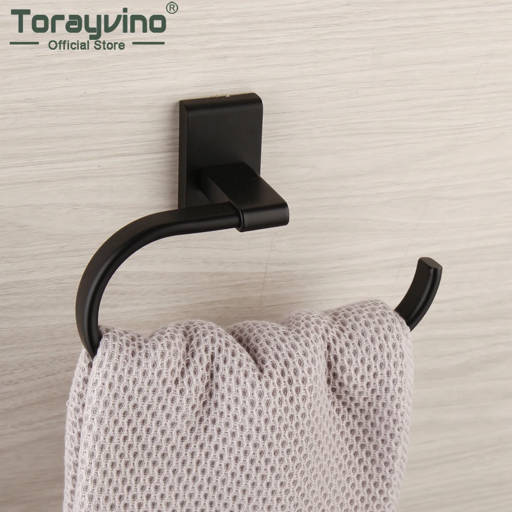 Torayvino Matte Black Hand Towel Ring Self Bathroom Towel Hand Towel Holder Bar Stick on Wall Stainless Steel