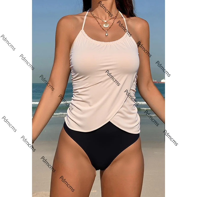 

2025 new swimsuit European and American color matching neck conservative one-piece swimsuit women's beach bikini