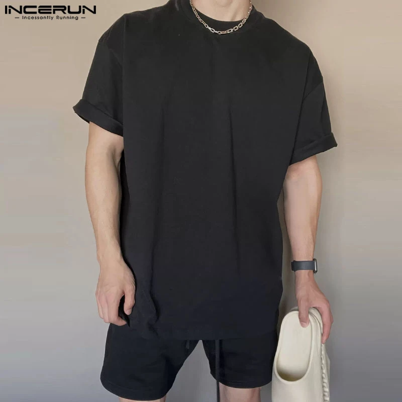 INCERUN 2024 Korean Style Sets Handsome Mens Solid O-neck Short Sleeved Tops Shorts Leisure Streetwear Male Two-piece Sets S-5XL