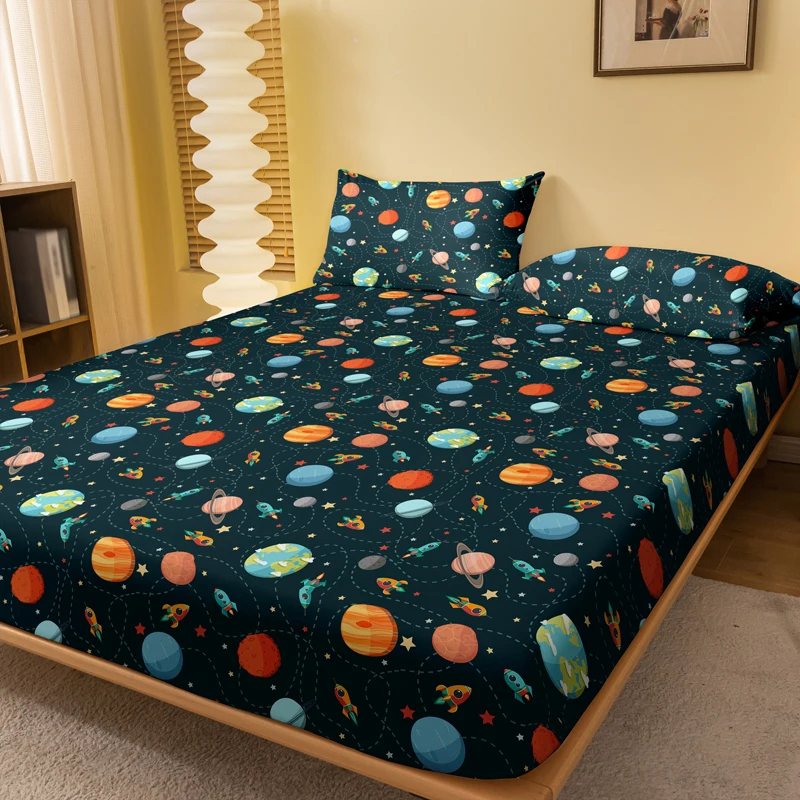 1 Cartoon Fun Printed Matte Fitted Sheet, Bedroom Printed Bed Cover, Bedding (Excluding Pillowcases)