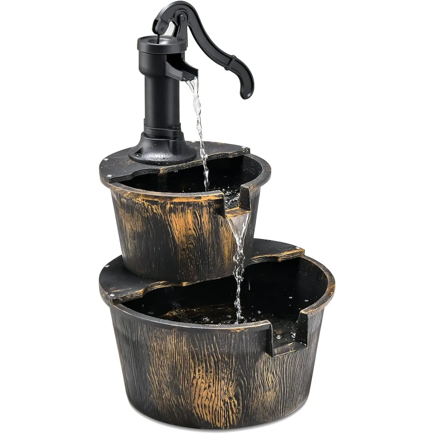 Fuente de barril de madera con bomba para jardín, césped, patio y patio trasero, características de agua