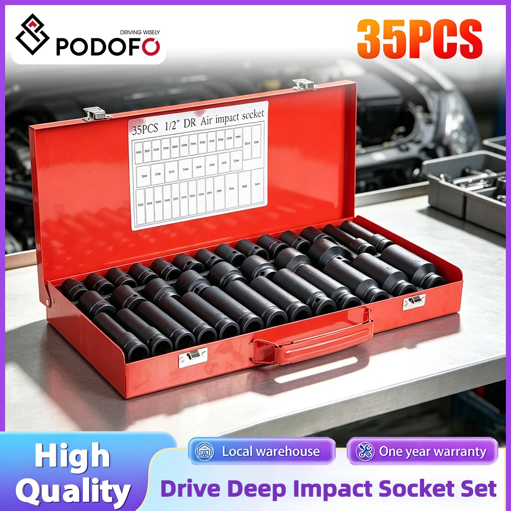 Degreat Set di bussole a impatto profonde da 1/2" 35 pezzi, bussole a 6 punte, dado per asse mandrino, attrezzi manuali per officina, garage, riparazione auto, camion, 8-32MM