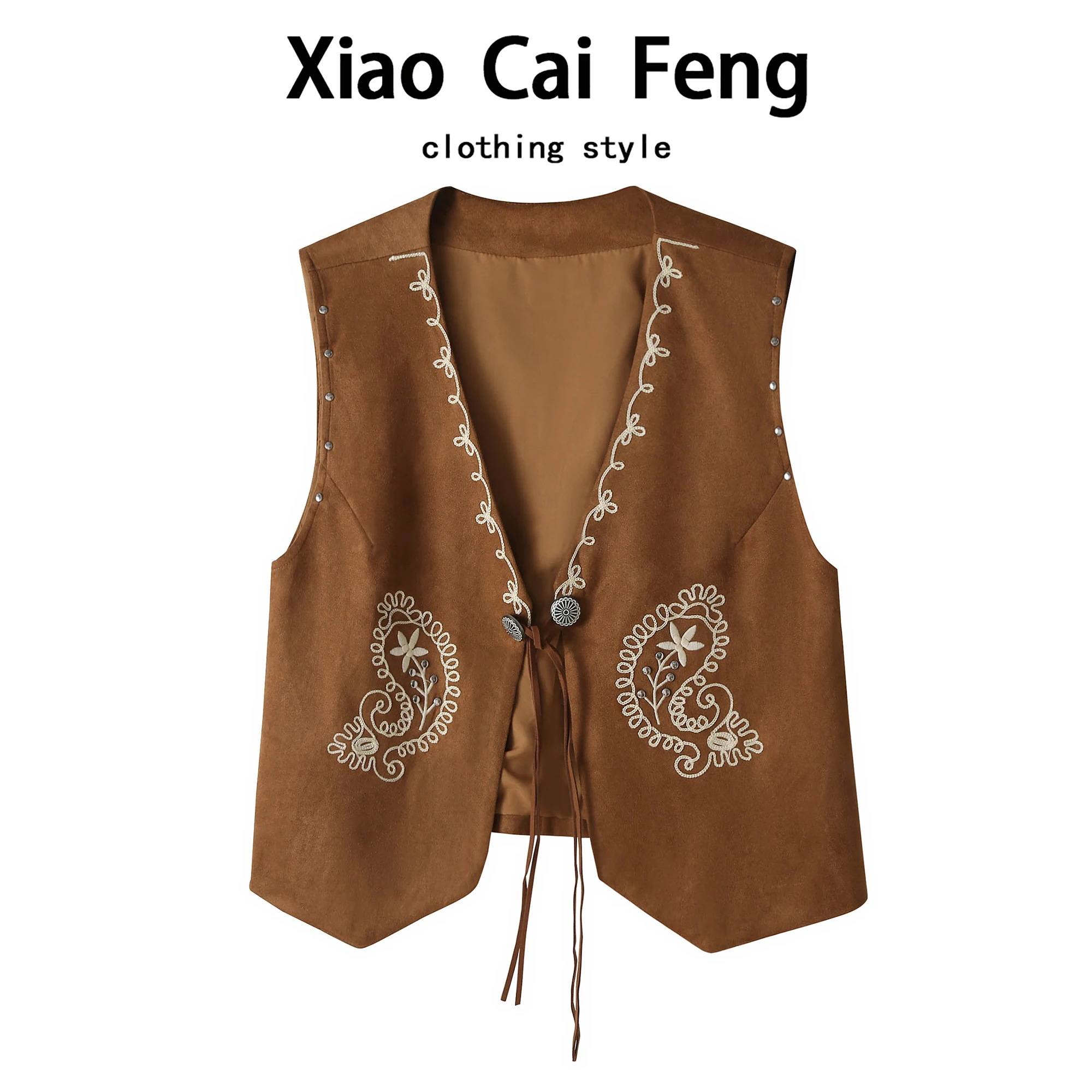 

Retro Sle Suede Vest Women's Spring Faion V-Ne Svel ort Top Embroidery Belted Layering Outerwear
