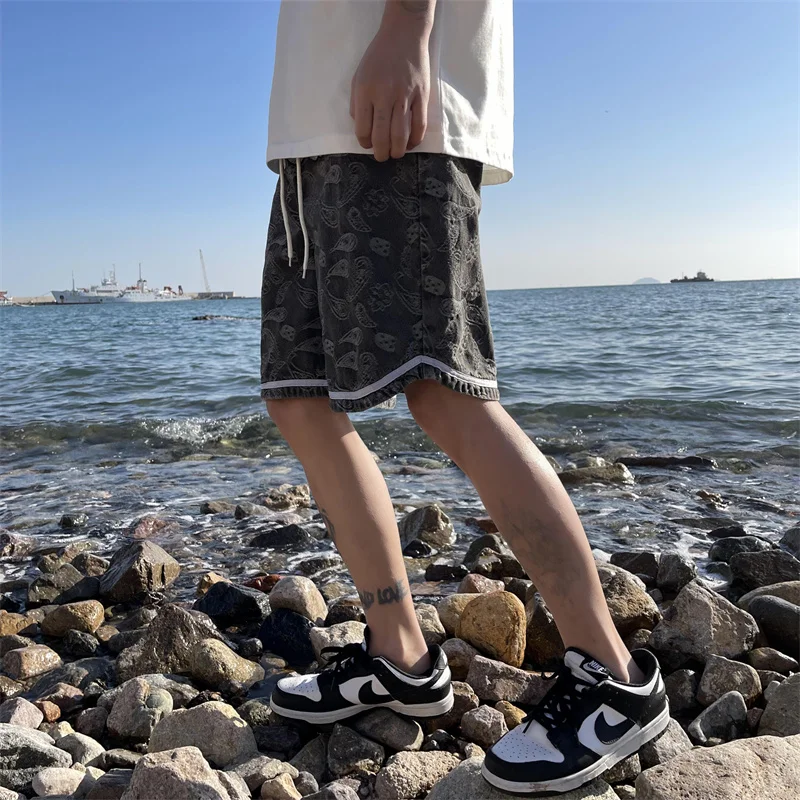 Summer Denim Embroidered Shorts Men American Style Trendy Brand Art Design Pants Soft Loose Breathable Straight Beach Cotton 023