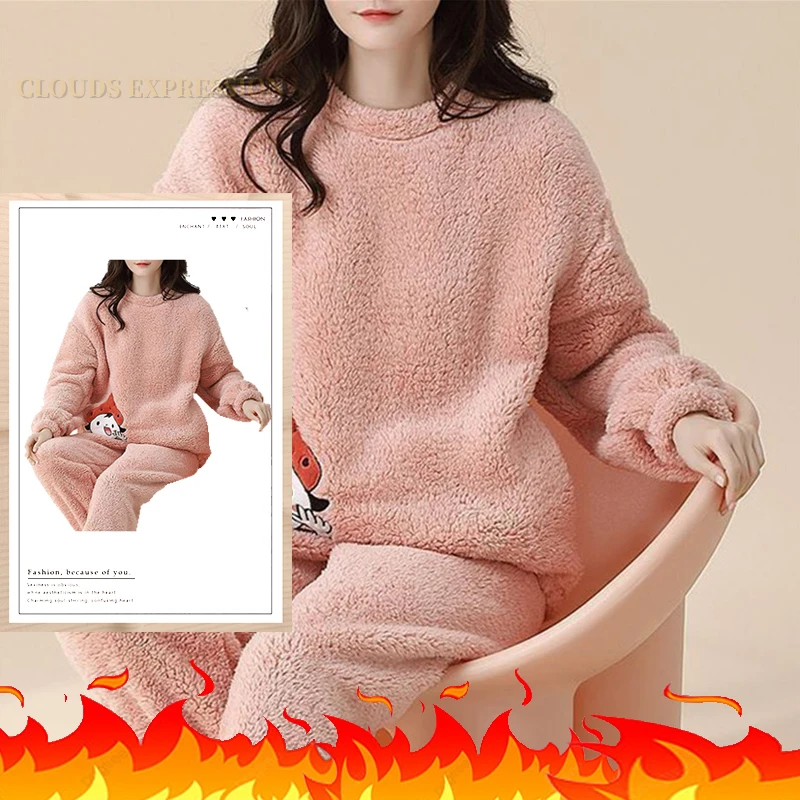 Conjuntos de Pijamas de franela para Mujer, ropa de dormir de terciopelo con estampado de lunares, ropa de casa Kawaii Girsl, Otoño e Invierno