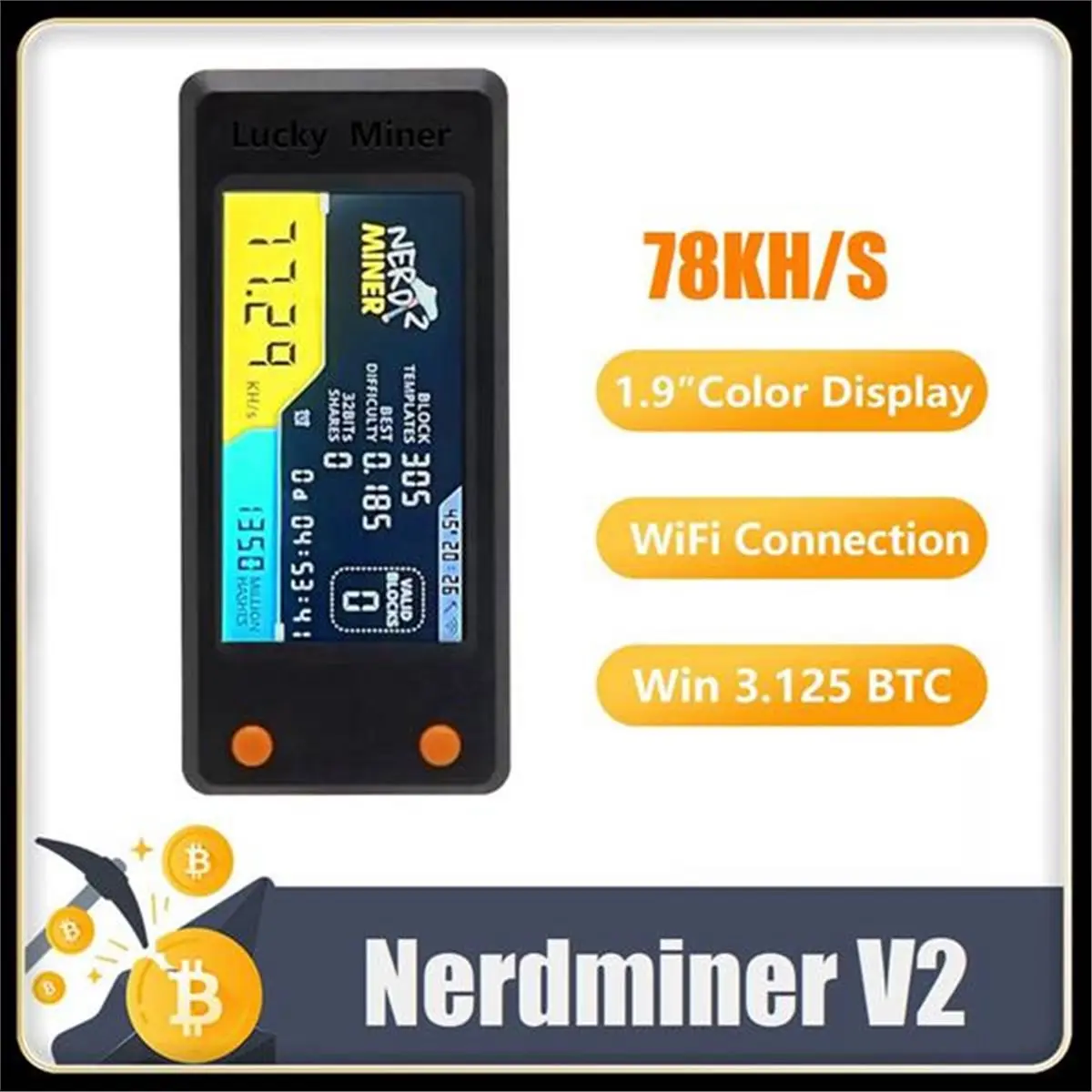 T1614C Tools-2Pcs SuperDeals NerdminerV2 78KH/S BTC Solo Lottery Miner LCD Display Bitcoin BTC Crypto Miner ASIC Mining Silent M