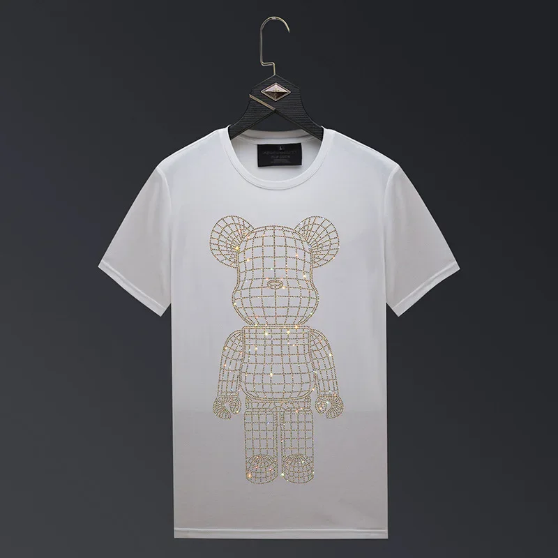 Plus Size 6XL 2024 Cute Bear Rhinestones T Shirts Men Fashion Clothing Streetwear Modal Cotton O Neck Slim Short Sleeve T-shirts