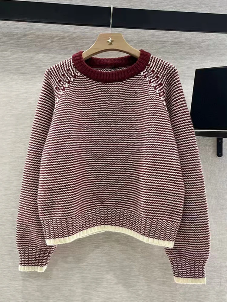 2024 Autumn/Winter women's new retro striped wool pullover fashion all-in-one straight tube warm knit sweater