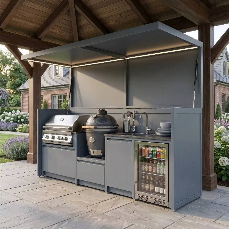bifold door 304 stainless steel outdoor barbecue kitchen cabin,  with sink, suitable for patio outdoor kitchen barbecue shed
