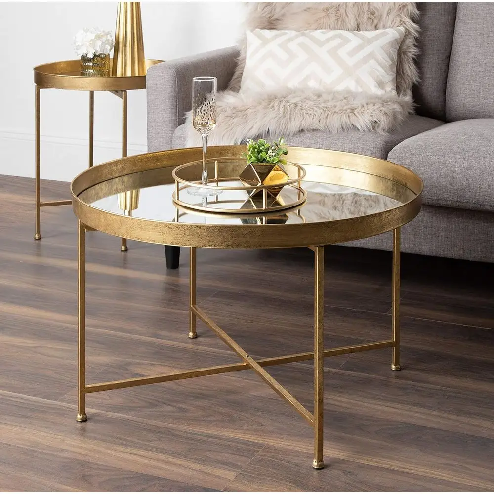 Modern Minimalist Gold Frame Coffee Table, 28.25 Round, Detachable Magnetic Top, Mirrored
