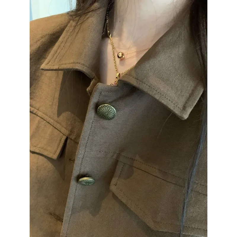 Korean Retro Collar Long Sleeved Pocket Single Breasted Jacket Fashion Temperament Commuting Workwear Ropa Mujer 방수자켓