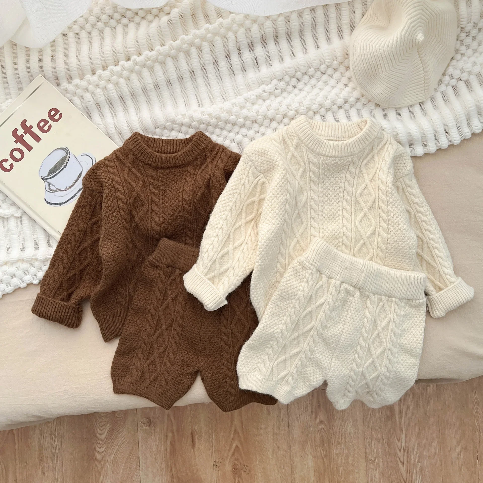 Korean Children Clothing Autumn and Winter Stylish New Girls Retro Temperament Solid Knitted Sweater Woolen Pants Set Trendy