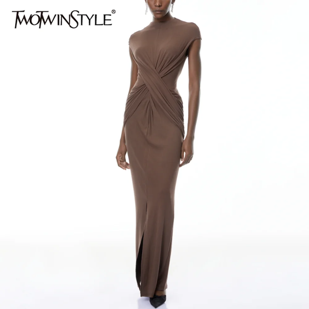 

TWOTWINSTYLE Однотонное облегающее платье с драпировкой и вставками для женщин, с круглым вырезом, без рукавов, с разрезом, модное, новый стиль