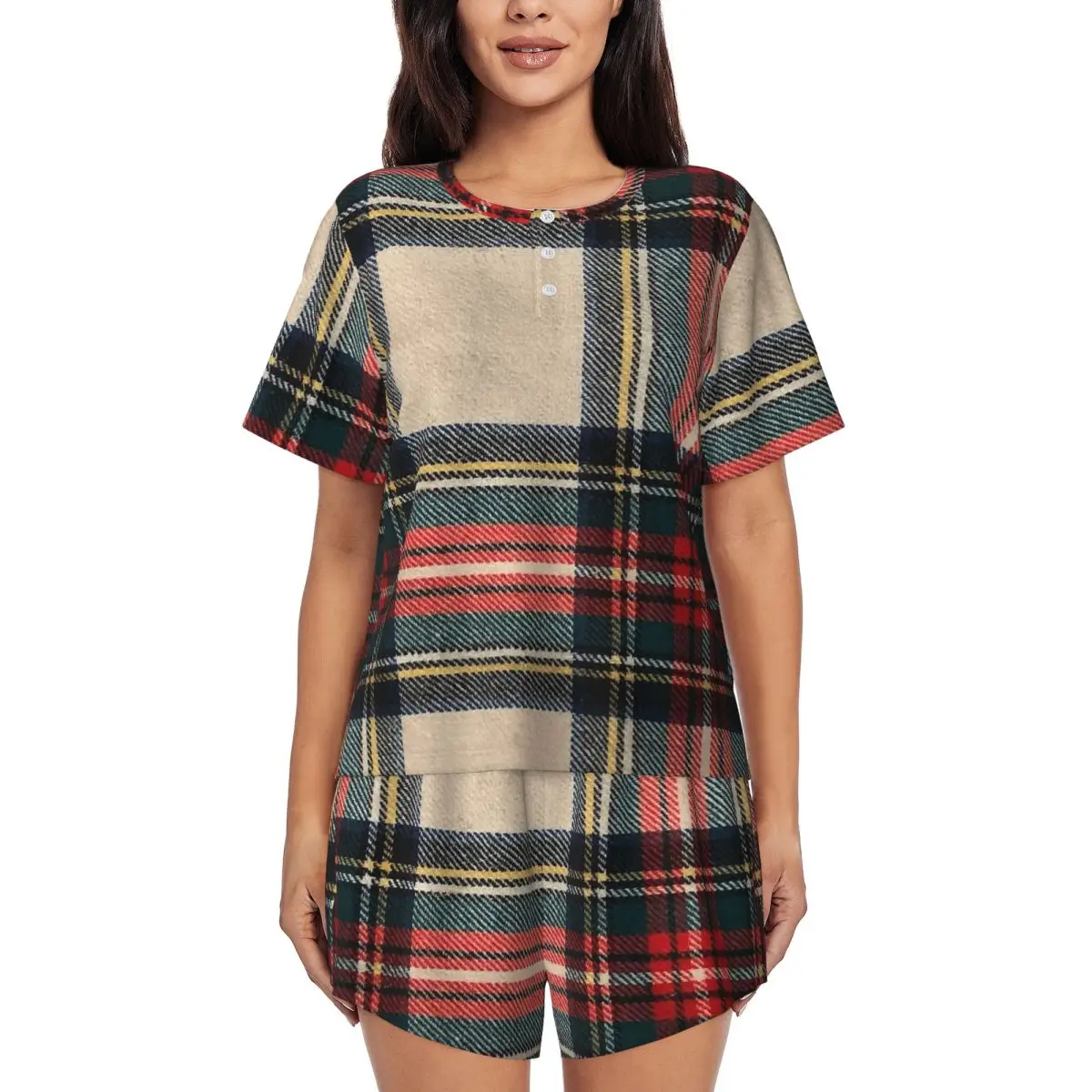 

Пижамный комплект Stewart: женская ночная рубашка с круглым вырезом и короткими рукавами из тартана, мягкие шорты для сна