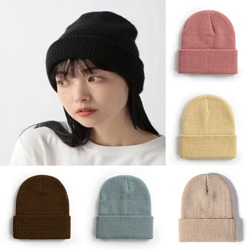 Warm Cashmere Wool Skullies Angola Rabbit Fur Winter Knitted Beanies Women Cap Female Three Fold Ski Outdoor Hats