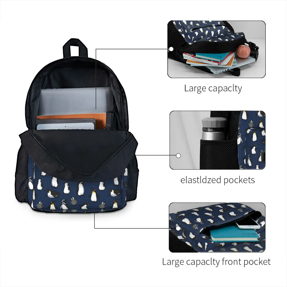 Saco de pingüim bonito para meninos e meninas, mochilas escolares, mochila para laptop, bolsa de ombro, variante azul escuro, estudantes