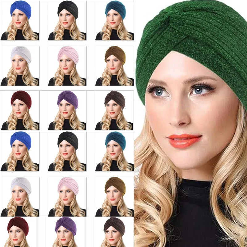 

Turban Cap for Woman Pleated Glitter Turban Femme Musulman Bonnet Hijab Stretchy Hat Headwrap Turbantes Mujeres Quimioterapia