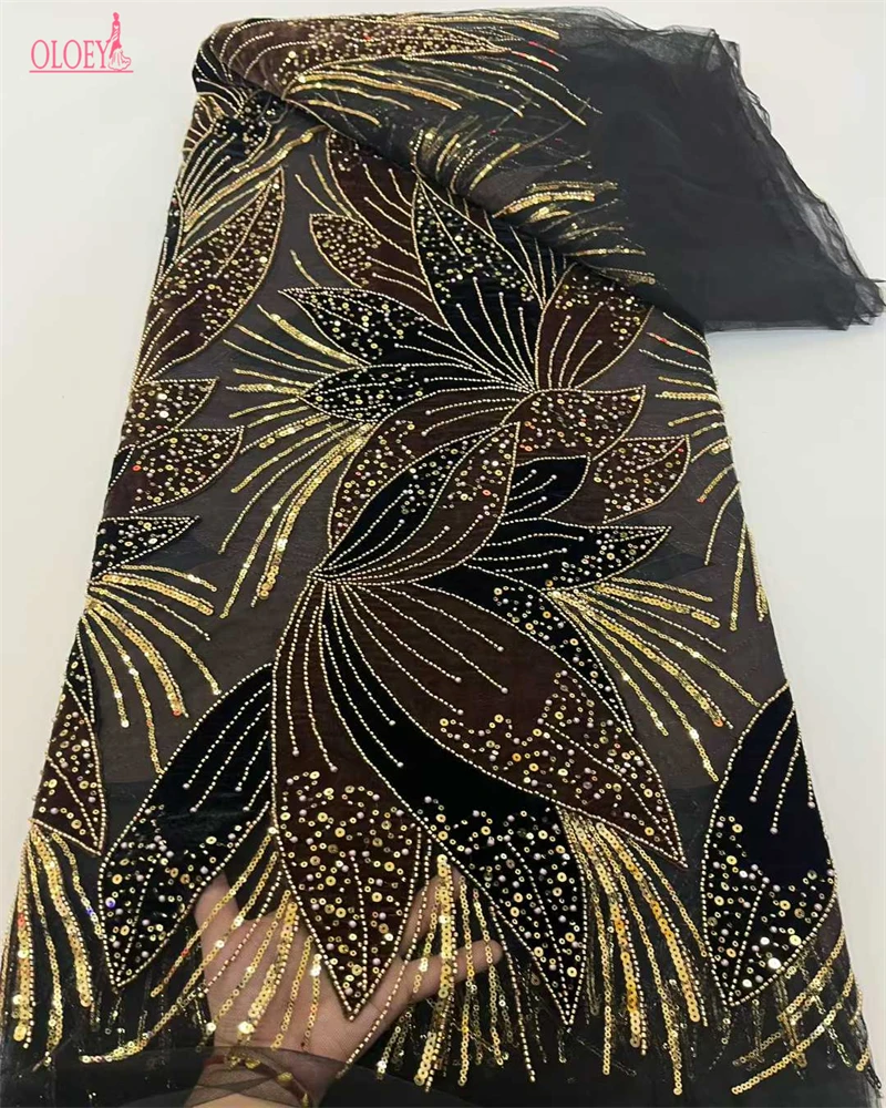 

OLOEY High Quality Velvet African Beaded Lace Fabric Nigerian Wedding Material with Luxury Sequins Beads for Dresses