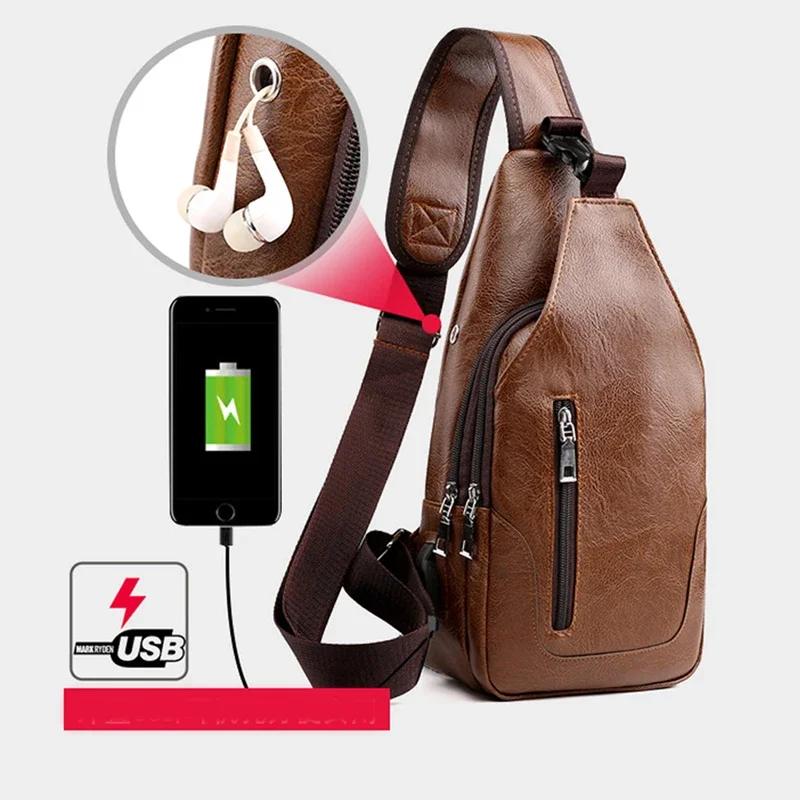 Men\'s Crossbody Bags USB Chest Bag Designer Messenger Leather Shoulder Diagonal Package 2024 New Back Pack Travel